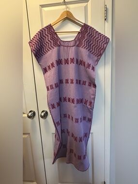 Handwoven Oaxaca Huipil Caftan Dress One Size Single Panel Midi Lilac Purple